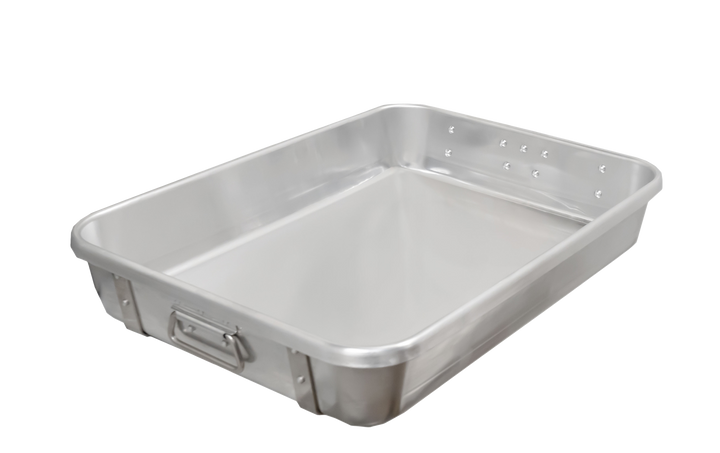 Omcan 24" x 18" x 4" 10-Gauge (2.5 mm) Heavy-duty Aluminum Double Roaster Pan with Straps and Handles 81206
