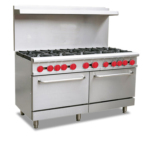 Omcan 46027 - 60″ Commercial Gas Range with 10 Burners and 2 Standard Ovens 362,000 BTU - Natural Gas