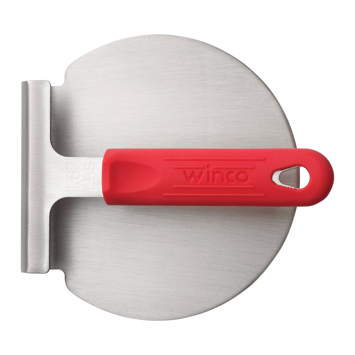 Winco SWS-6 - One-Piece 18/8 Stainless Steel Smashed Burger Press with Red Silicone Sleeve