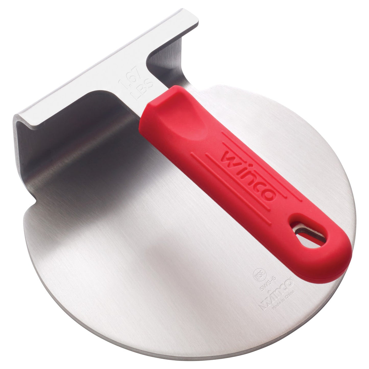 Winco SWS-6 - One-Piece 18/8 Stainless Steel Smashed Burger Press with Red Silicone Sleeve