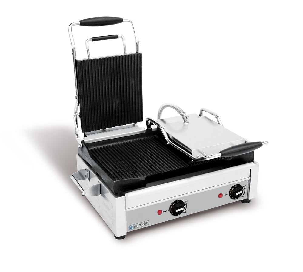 Eurodib SFE02375 10″ Double Panini Grill with Smooth Left Plate and Grooved Right Plate – 240V